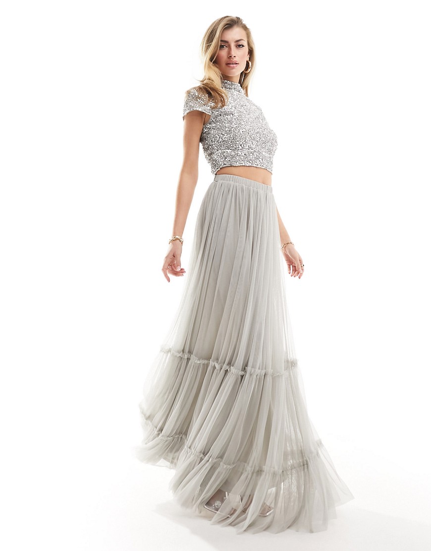 Beauut tulle tiered maxi skirt co-ord in grey