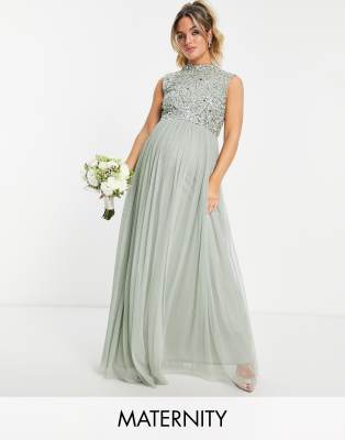 Beauut - Umstandsmode - Bridesmaid - Verziertes 2-in-1-Brautjungfern-Maxikleid in Salbeigrün mit weitem Tüllrock