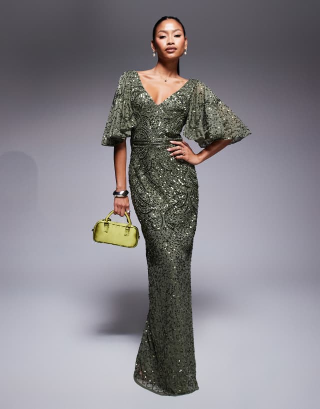 Beauut v-neck sequin maxi dress in olive green