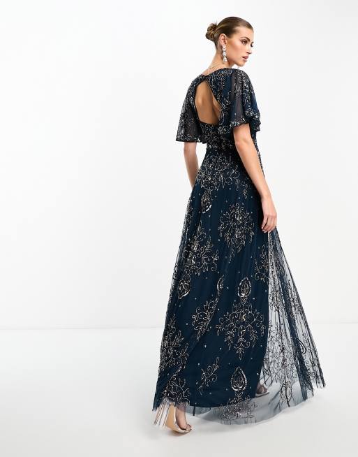 Beauut - Versierde maxi-jurk met fladdermouwen en keyhole op de achterkant in donkerblauw, 2 van 4