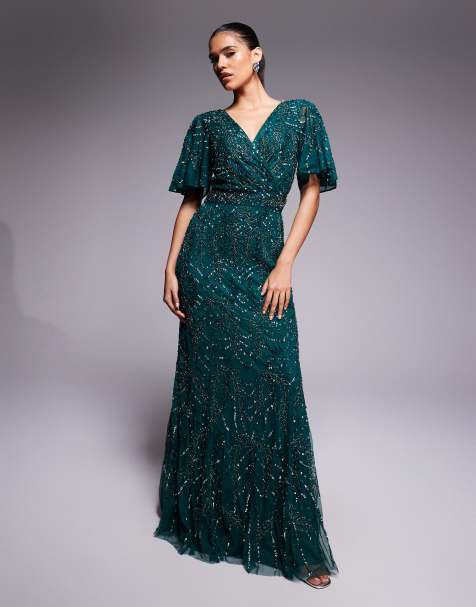 Beauut – Verziertes Maxikleid in Dunkelgrün mit Wickeldesign, V-Ausschnitt und Flatterärmeln - view 1