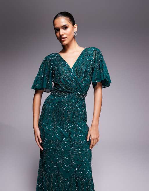 Beauut – Verziertes Maxikleid in Dunkelgrün mit Wickeldesign, V-Ausschnitt und Flatterärmeln, 2 von 4