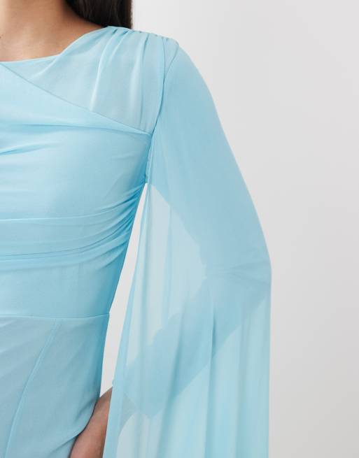 Beauut - Vestido largo azul luminoso con cuello redondo y mangas estilo capa de chifón, 3 de 4