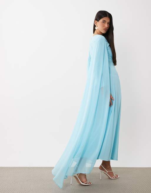 Beauut - Vestido largo azul luminoso con cuello redondo y mangas estilo capa de chifón, 4 de 4