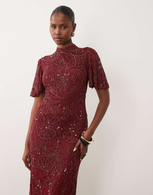 Beauut - Vestido largo burdeos con cuello alto, mangas acampanadas y abalorios, 4 de 4