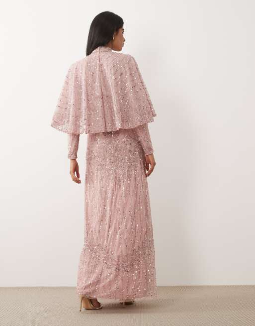 Beauut - Vestido largo rosa claro con detalle de capa y diseño con abalorios, 4 de 4