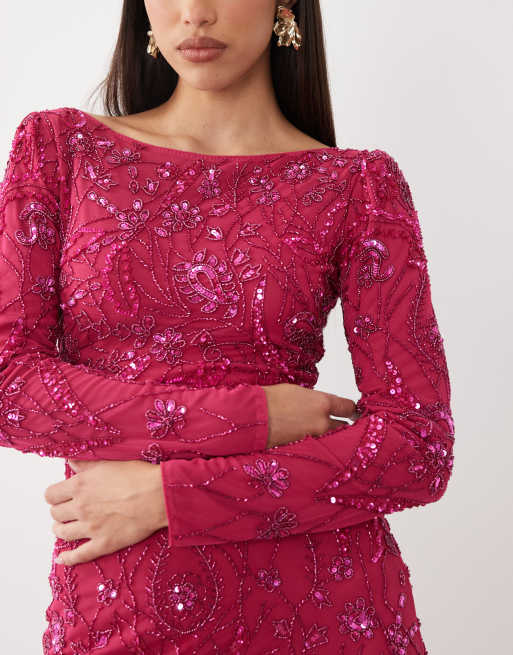 Beauut - Vestido largo rosa con cuello barco y capa exterior de malla adornada con cuentas, 3 de 4