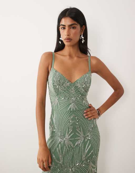 Beauut - Vestido largo verde claro de tirantes con adornos, 3 de 4
