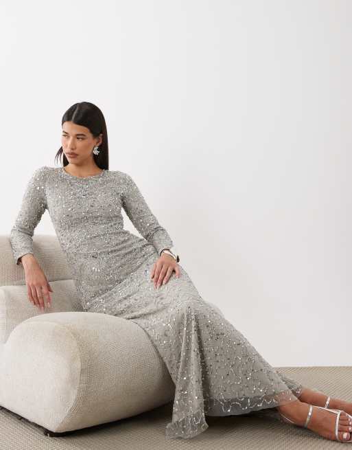Beauut - vestido maxi de manga larga adornado en plata, 2 de 4