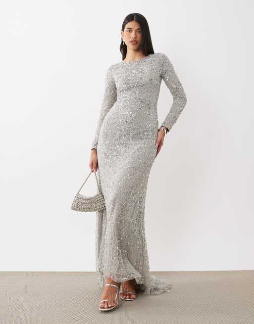 Beauut - vestido maxi de manga larga adornado en plata, 3 de 4