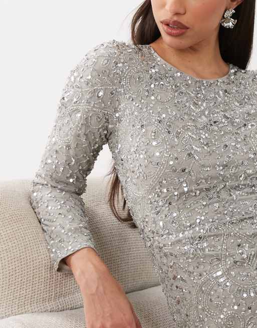 Beauut - vestido maxi de manga larga adornado en plata, 4 de 4