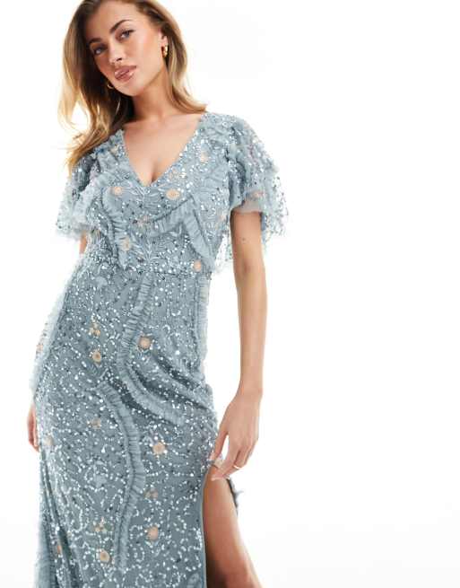 Beauut - Vestito da damigella lungo color verde azzurro slavato decorato con scollo a V, 4 di 4