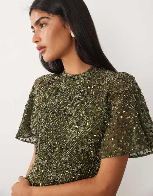 Beauut - Vestito lungo accollato aperto dietro verde scuro decorato, 2 di 4