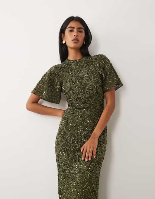 Beauut - Vestito lungo accollato aperto dietro verde scuro decorato, 3 di 4
