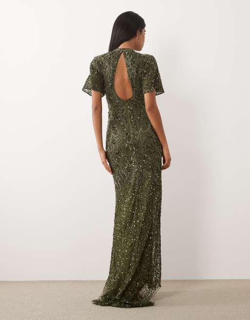 Beauut - Vestito lungo accollato aperto dietro verde scuro decorato, 4 di 4
