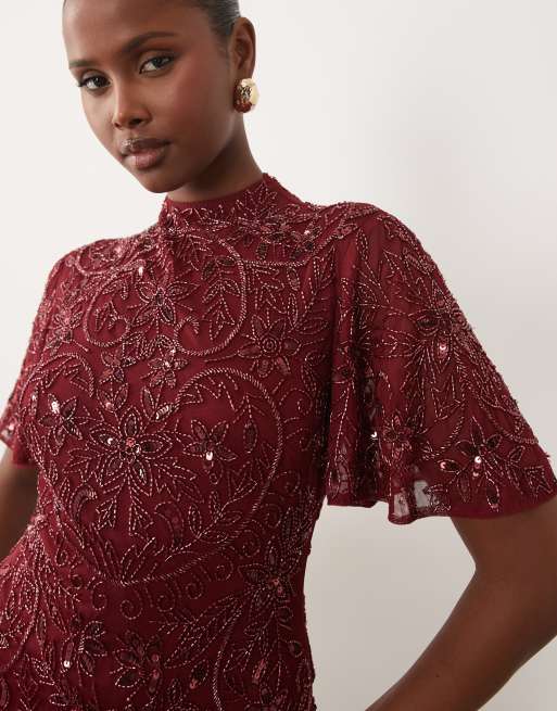 Beauut - Vestito lungo accollato bordeaux con maniche con volant e decorazioni, 2 di 4