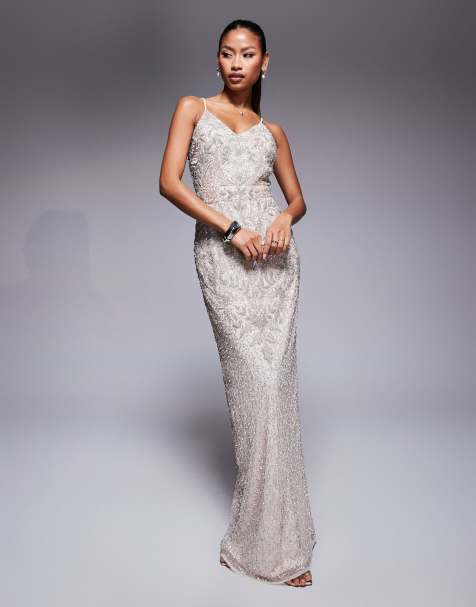 Beauut - Vestito lungo con spalline sottili crema con paillettes - view 1