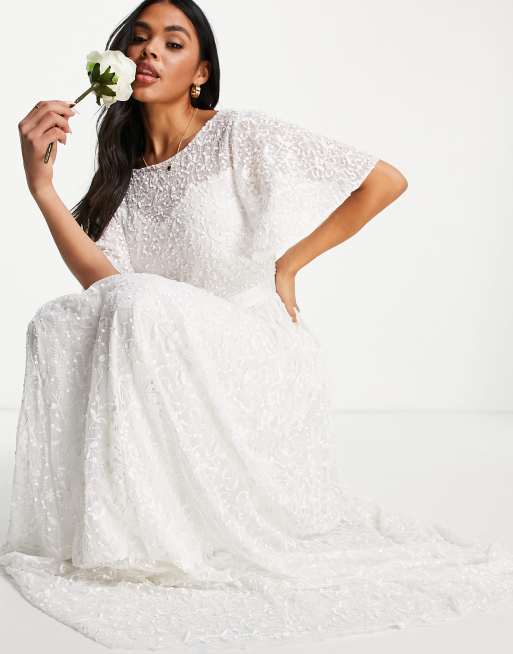 Beauut - Vestito lungo da damigella a maniche corte con paillettes avorio