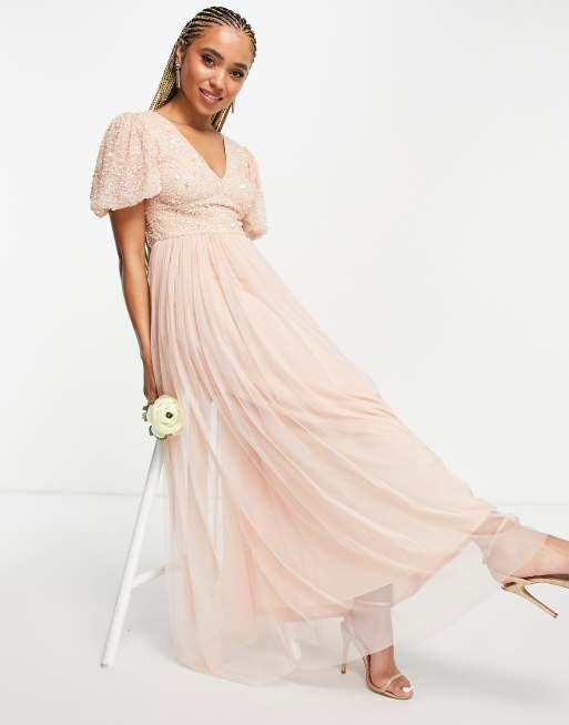 Beauut - Vestito lungo da damigella con decorazione di paillettes e gonna in tulle rosa 