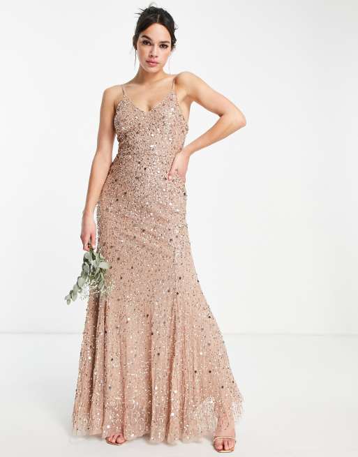 Beauut - Vestito lungo da damigella con decorazione di paillettes e spalline sottili color visone