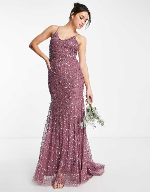 Beauut - Vestito lungo da damigella decorato con spalline sottili color malva 