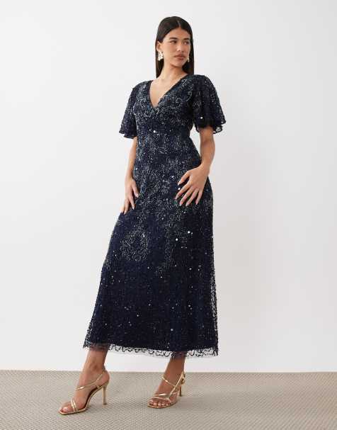 Beauut - Vestito lungo decorato blu navy con scollo a V a portafoglio e maniche con volant - view 1