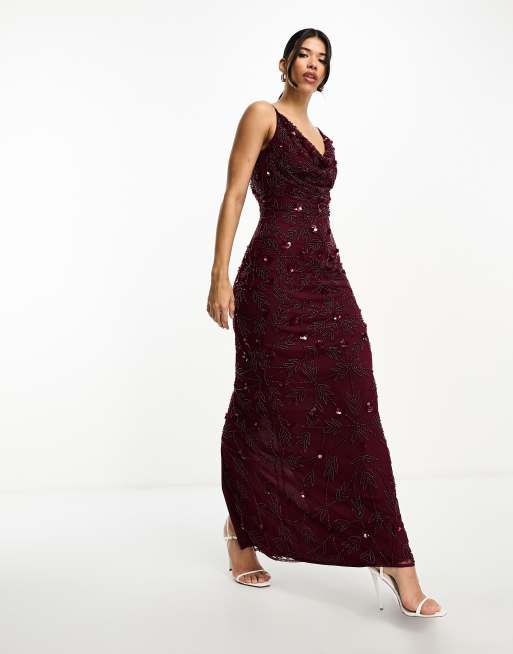 Beauut - Vestito lungo decorato color mora con scollo ad anello