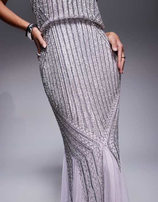 Beauut - Vestito lungo lilla con paillettes e fondo a sirena, 4 di 4