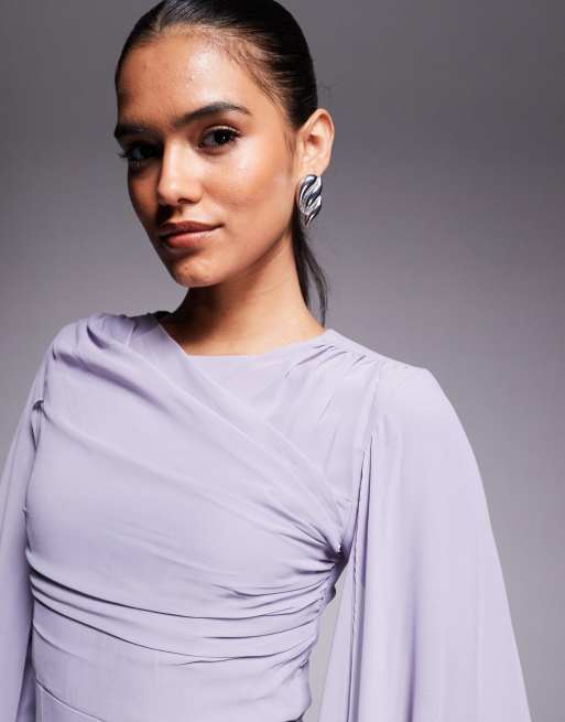 Beauut - Vestito lungo lilla in chiffon a portafoglio con maniche appariscenti e mantella, 4 di 4