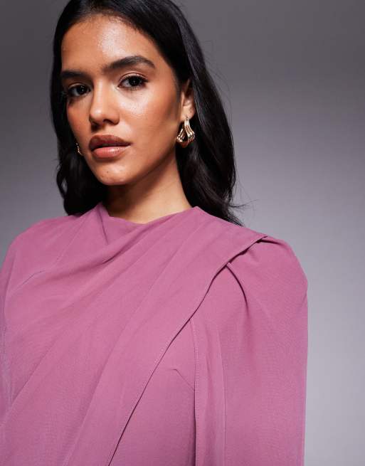Beauut - Vestito lungo rosa in chiffon con mantella avvolgente, 4 di 4