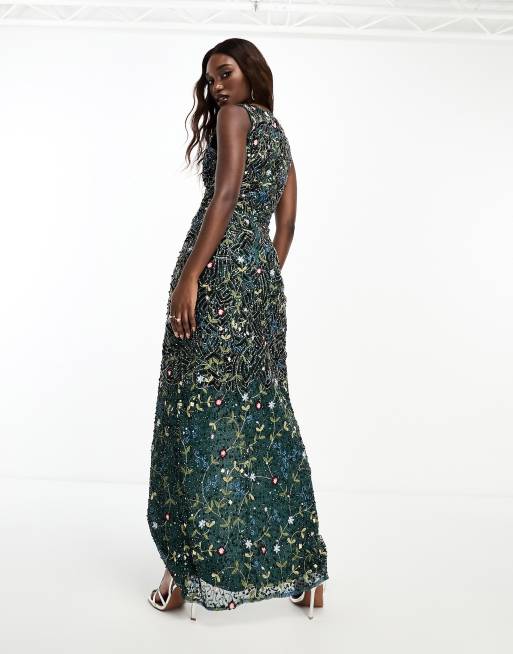 Beauut - Vestito lungo verde intenso con scollo a V e stampa a fiori, 4 di 4