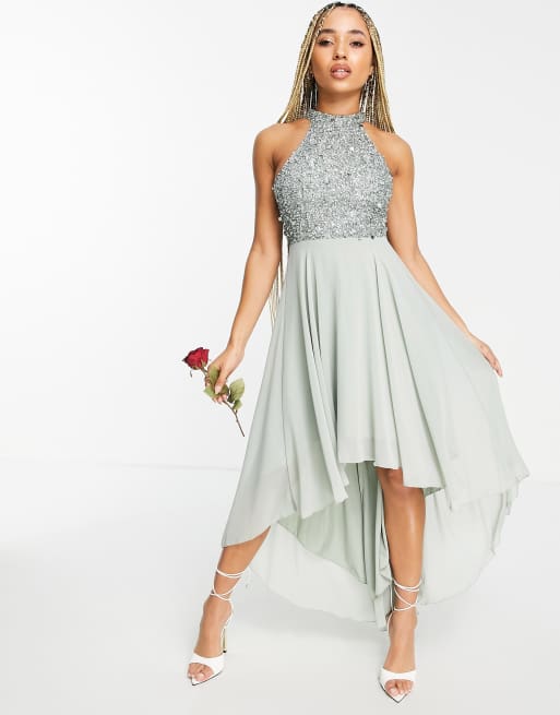 Beauut - Vestito midi da damigella con fondo asimmetrico verde salvia decorato 