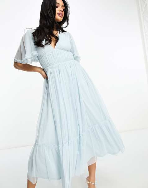 Beauut - Vestito midi da damigella in tulle blu ghiaccio con maniche con volant - view 1