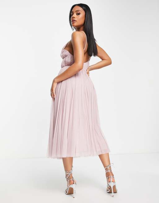 Beauut - Vestito midi da damigella in tulle rosa brina a strati, 2 di 4