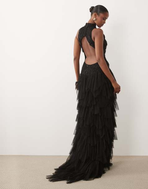 Beauut - Vestito senza maniche decorato nero con gonna voluminosa, cut-out e volant sul retro - view 1