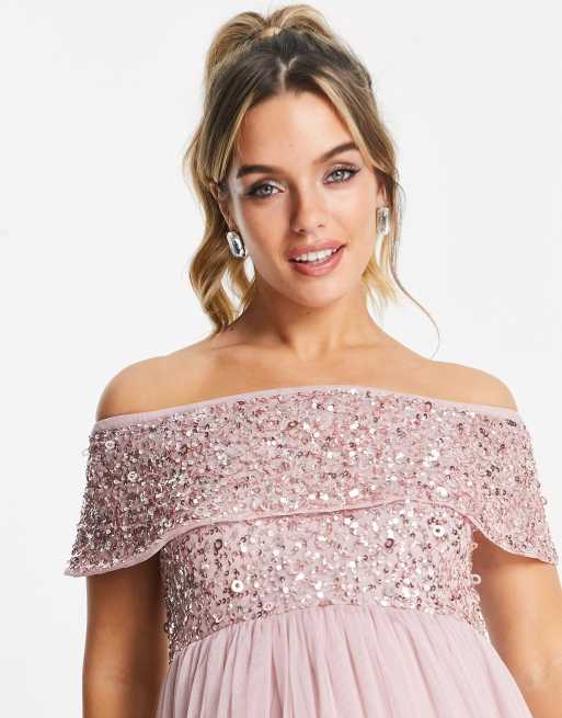 Beauut - Zwangerschapskleding - Bruidsmeisjes - Maxi bardotjurk met versiering in ijzig roze, 3 van 4
