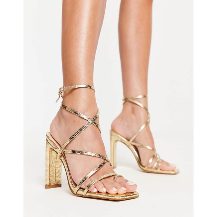 Gold strappy shop block heels