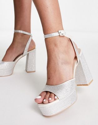 BEBO Galaxy bridal embellised platform heeled sandals in white satin - ASOS Price Checker
