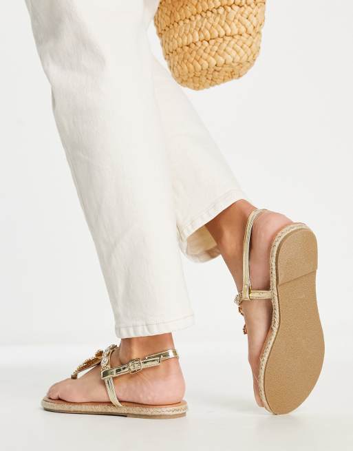 BEBO – Lailah – Złote płaskie sandały espadryle ze zdobieniem, 4 z 4