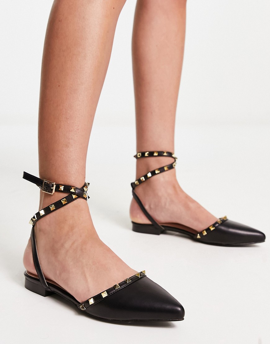 Bebo laurena studded wrap around ankle flat shoes in black