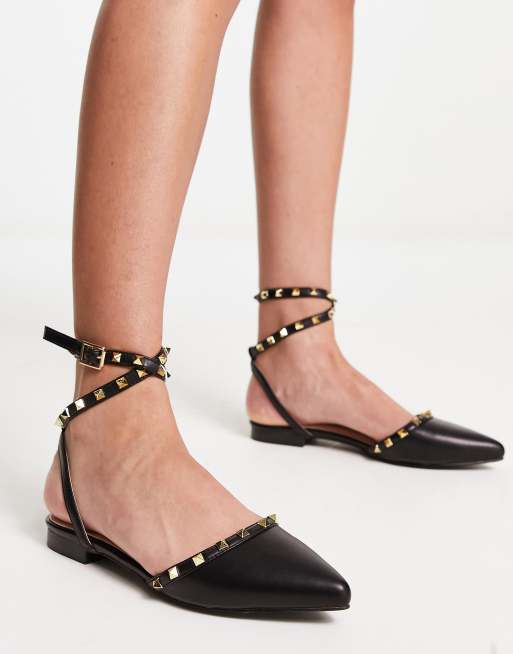 Bebo laurena studded wrap around ankle flat shoes in black ASOS