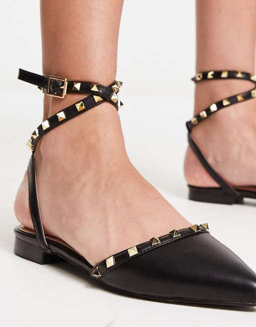 Bebo laurena studded wrap around ankle flat shoes in black