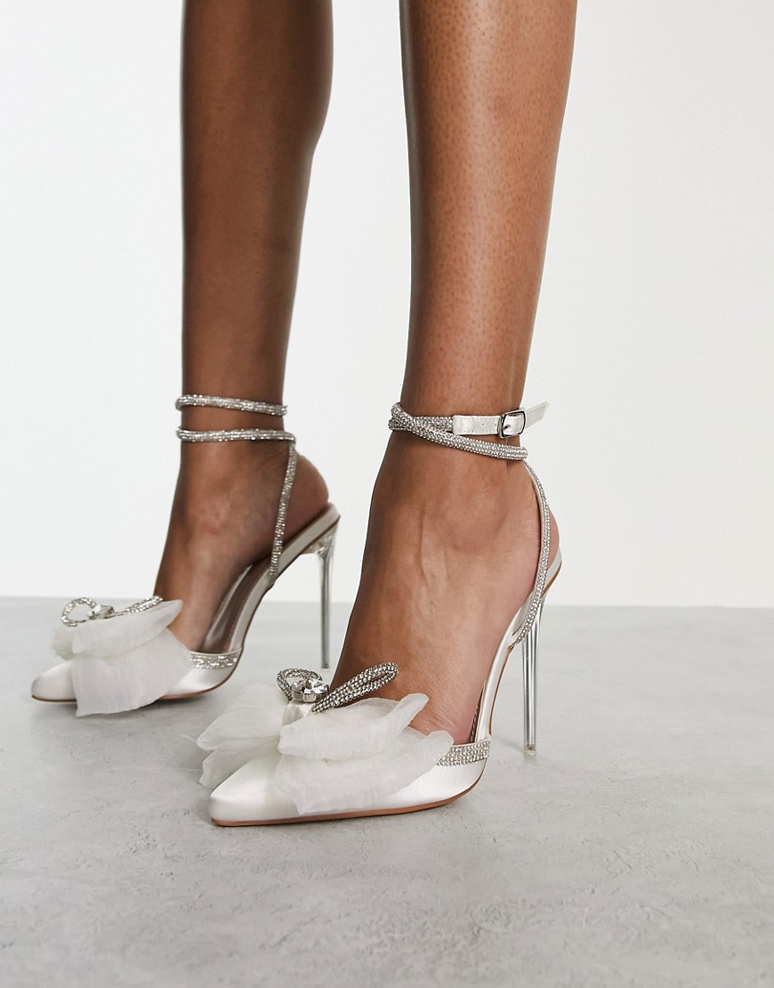 BEBO Maker bridal bow embellished pointed heeled shoes in white satin