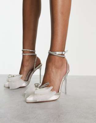 BEBO Makerr bridal bow embellished pointed heeled shoes in white satin - ASOS Price Checker