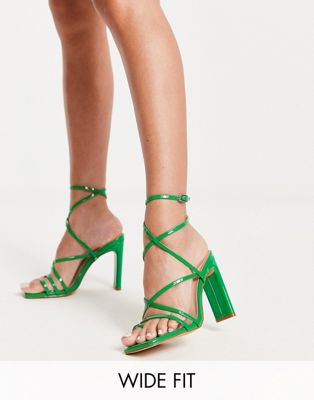 BEBO Wide Fit Adelaide strappy heeled sandals in green patent - ASOS Price Checker