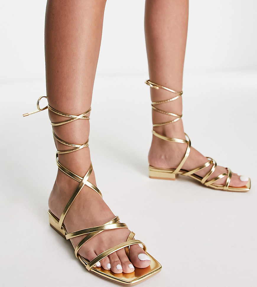 Bebo Wide Fit vinny strappy tie leg flat sandals in gold
