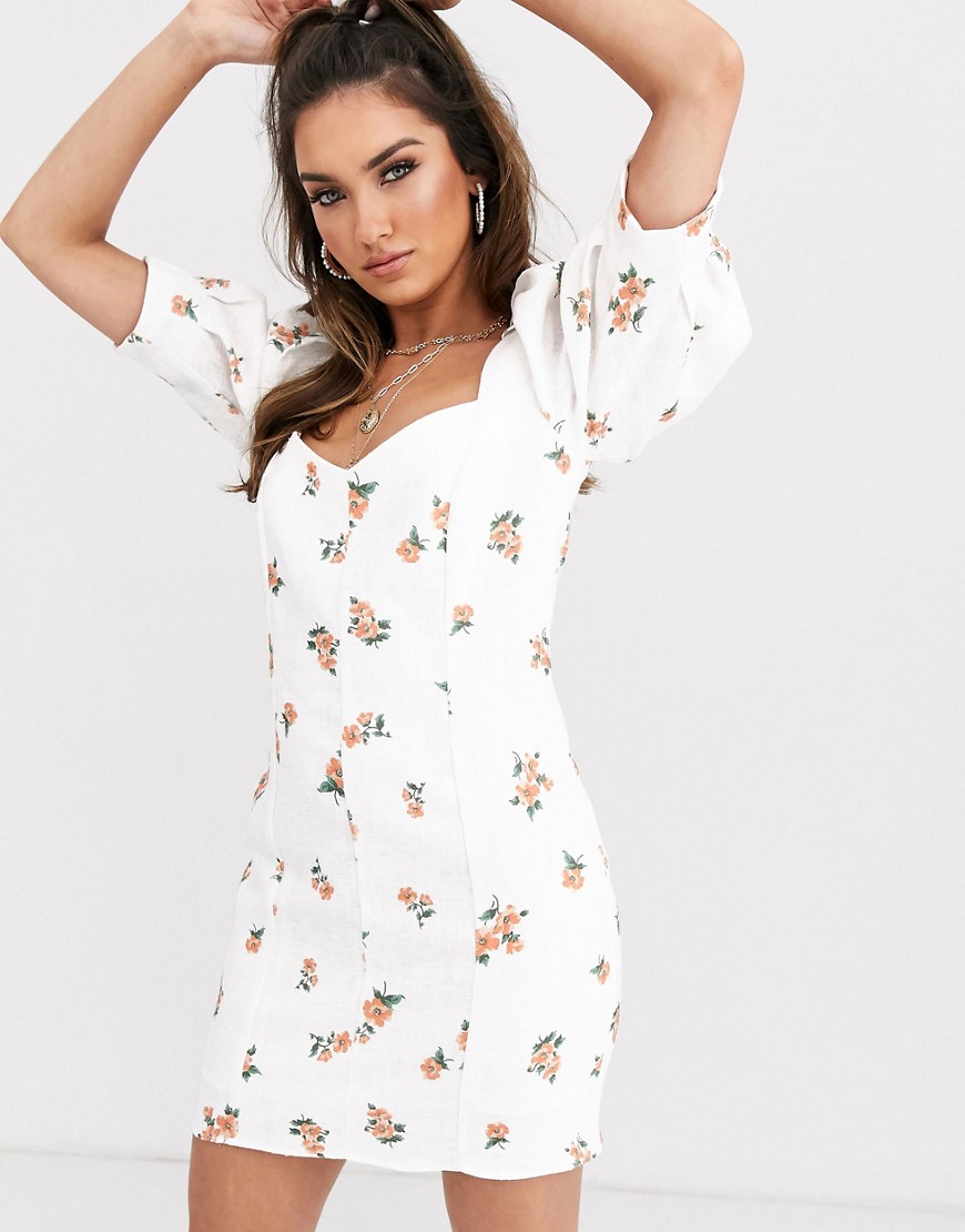 Bec & Bridge - Mini-jurk met volumineuze mouwen en perzik- en bloemenprint-Wit
