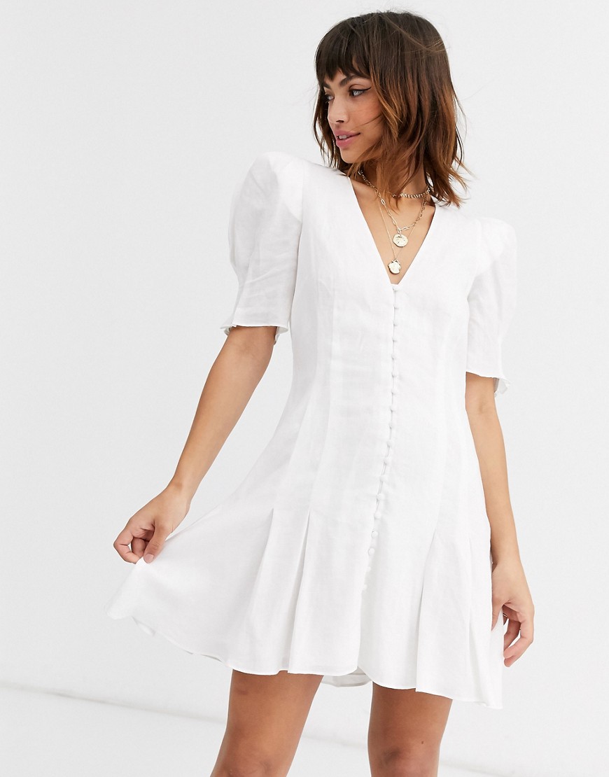 Bec & Bridge puka shell linen mini dress with puff shoulders in ivory-White