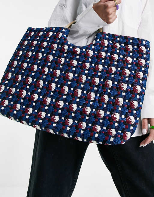 Becksöndergaard - Borsa shopping in paglia blu a quadri 