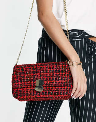 Becksöndergaard - Crossbody tas van tweed-achtige stof in rood met zwart en met gouden ketting 